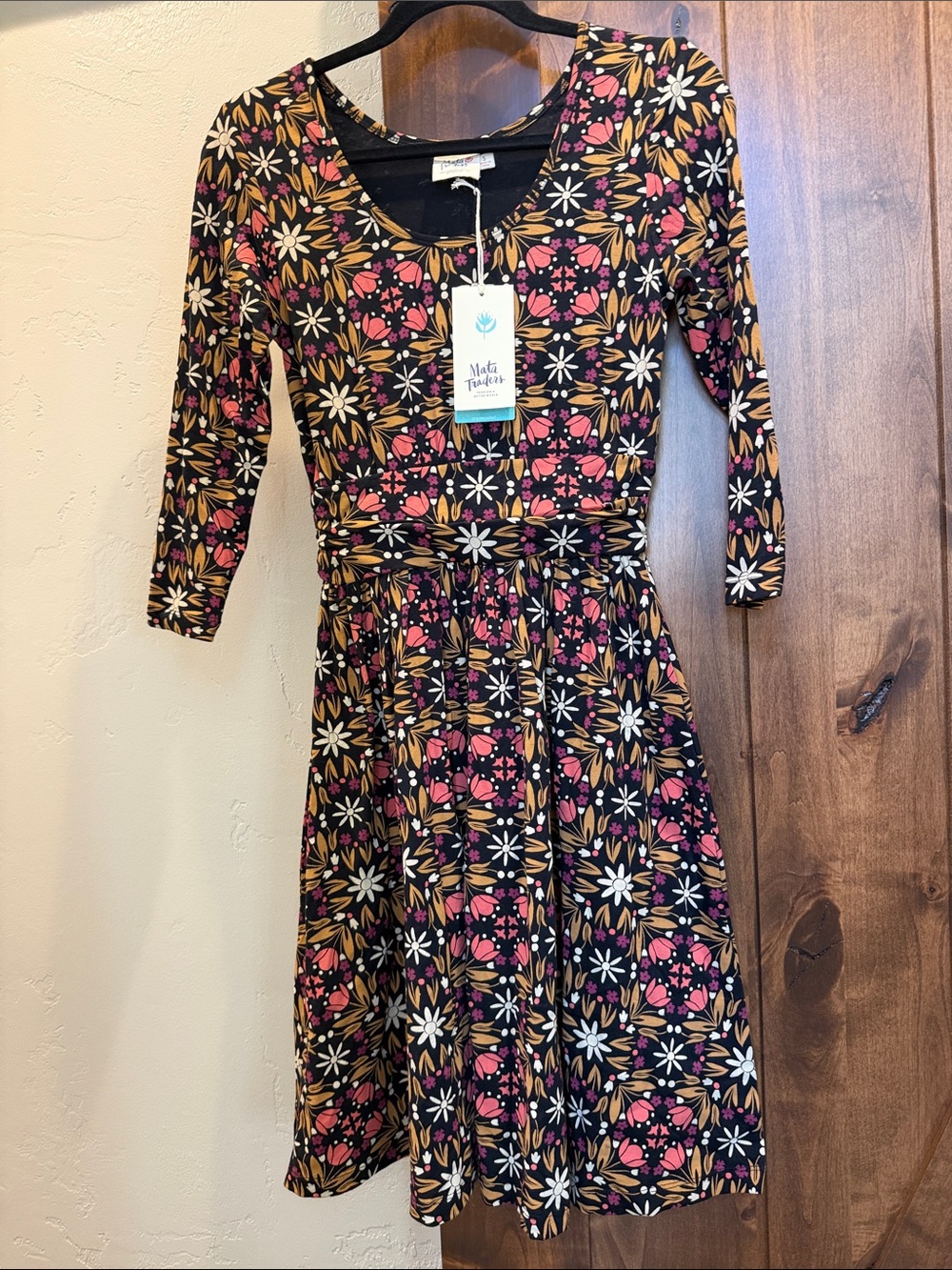 Mata Traders Black Floral Fit-and-Flare Dress with Pink & Gold Accents